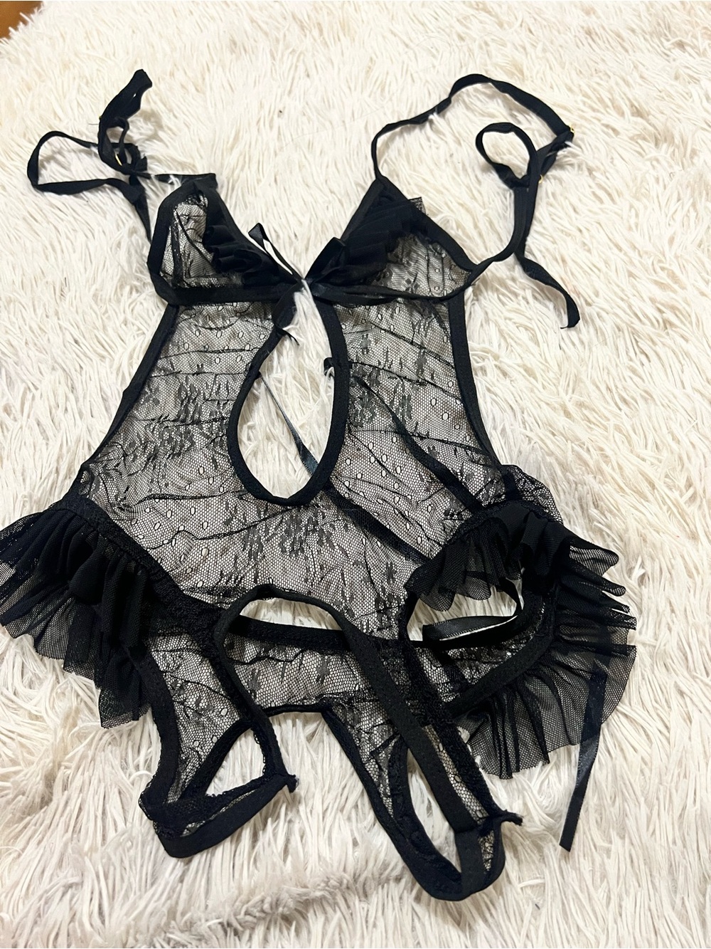 Sheer Black Lace Ruffle Teddy Bodysuit - Women's Intimates